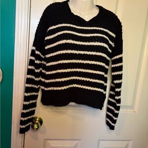 Derek Heart Black and White Striped V-Neck Sweater